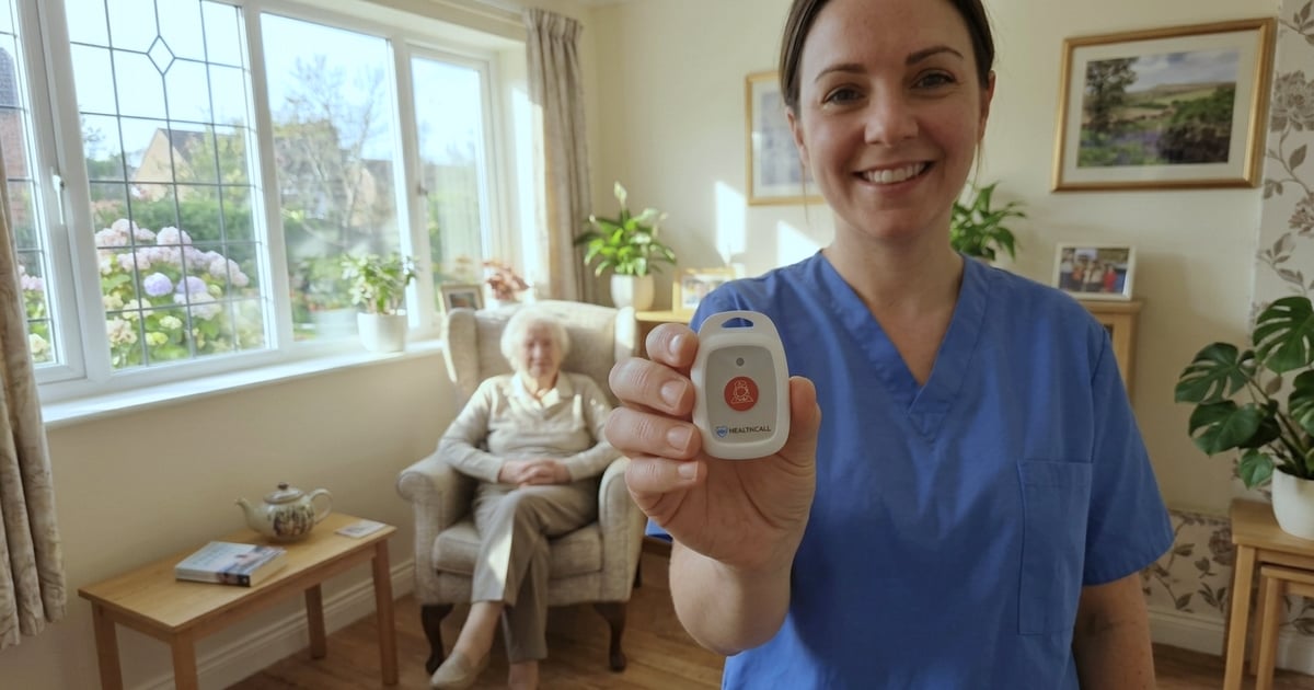 Soignante en blouse marine présentant un bouton d'appel Healthcall dans un salon de maison de repos belge, résidente souriante en arrière-plan