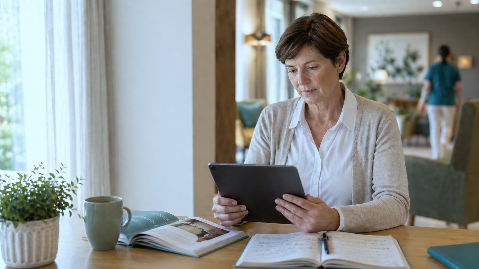 Femme consultant un guide Healthcall sur tablette, à côté d'un cahier de notes ouvert dans un salon de maison de repos belge, soignante en arrière-plan