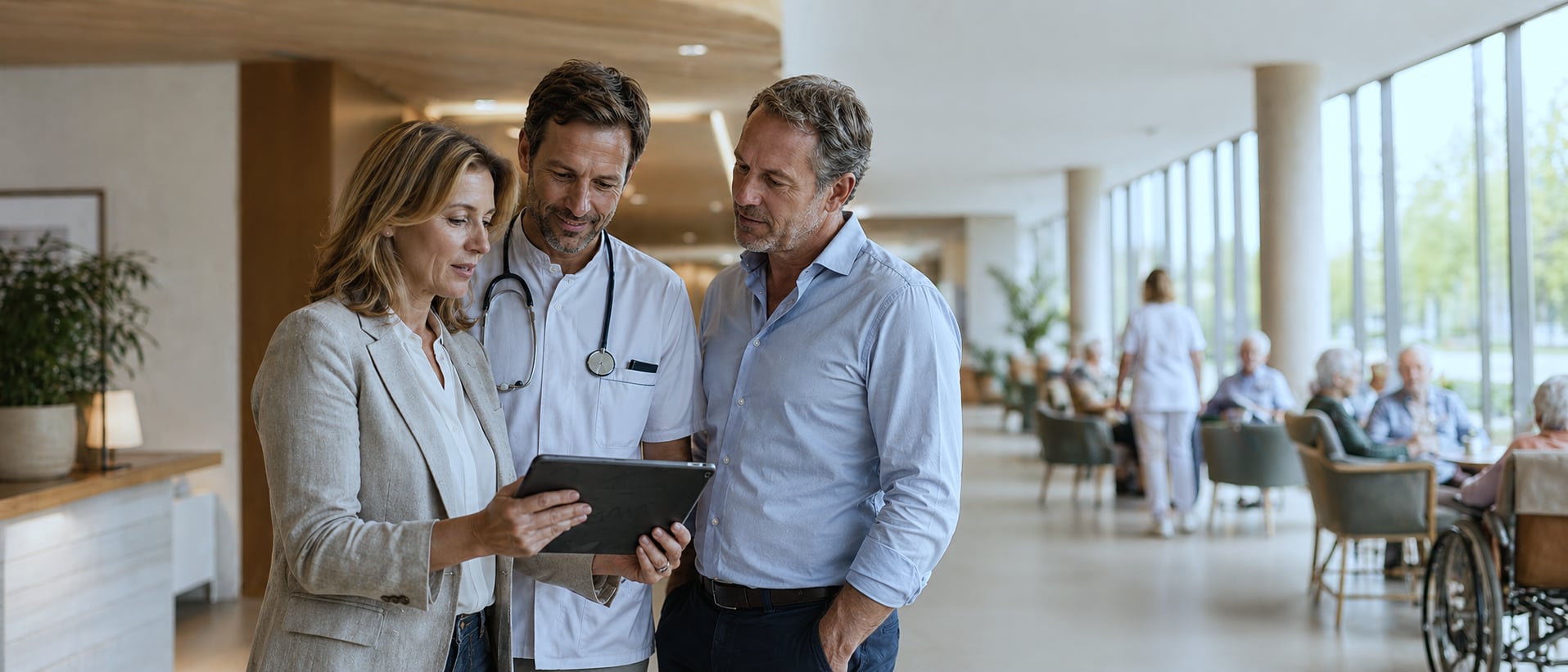 Direction de maison de repos en réunion avec un médecin coordonnateur, couloir lumineux d'un établissement belge contemporain avec des résidents en arrière-plan